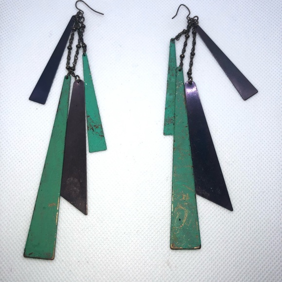 Mint Green Rustic Geometric Earrings - Picture 2 of 5